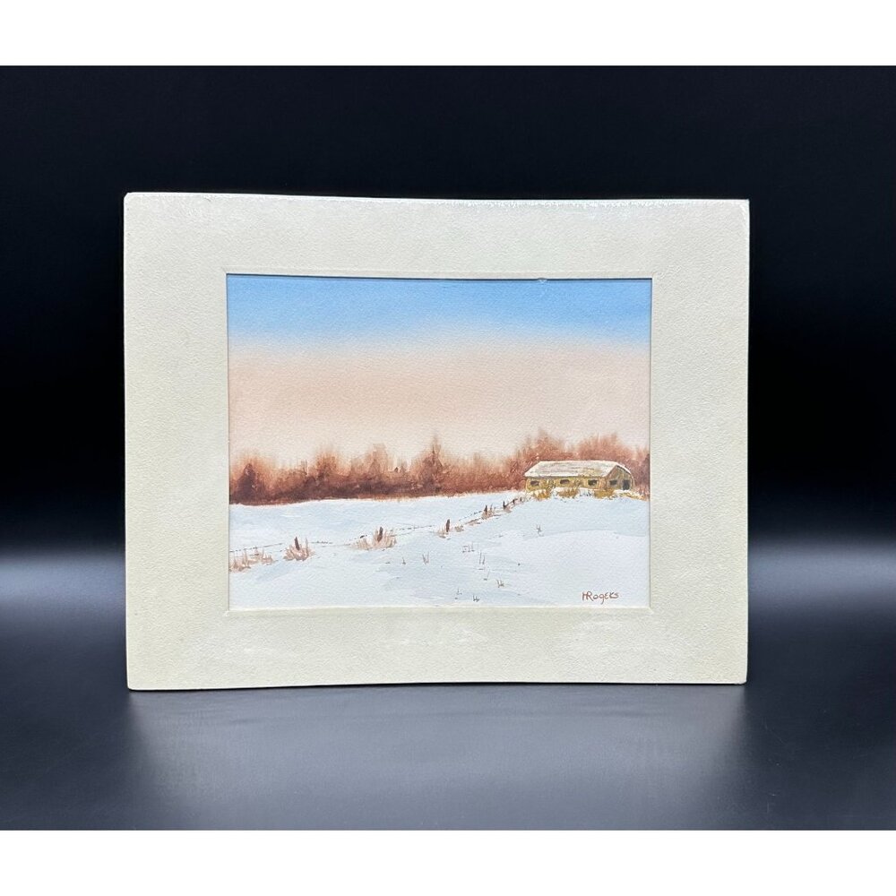 Winter Scene Art Print Matted Rogers Barn Blue Sky Snow Country Farm Wall Decor